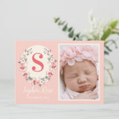 Floral Monogram Baby Girl Aankondiging Blush Pink (Staand voorkant)