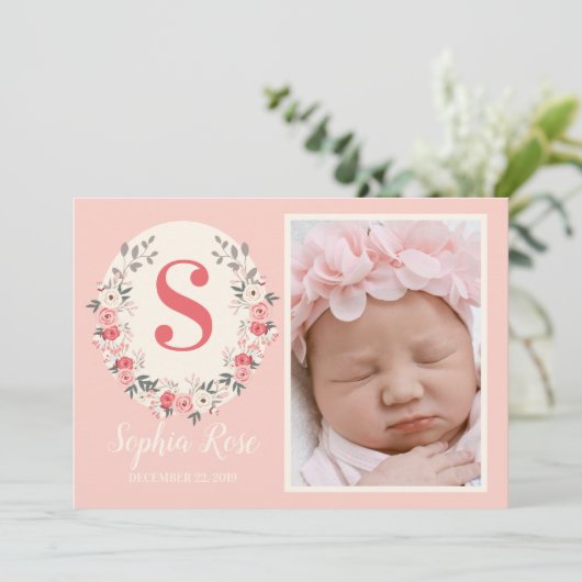 Floral Monogram Baby Girl Aankondiging Blush Pink (Staand voorkant)
