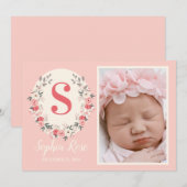 Floral Monogram Baby Girl Aankondiging Blush Pink (Voorkant / Achterkant)