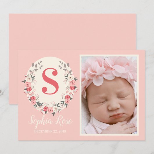 Floral Monogram Baby Girl Aankondiging Blush Pink (Voorkant / Achterkant)