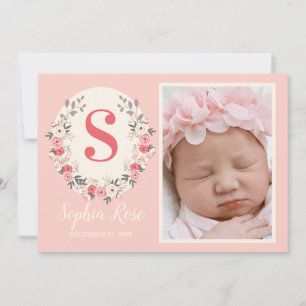 Floral Monogram Baby Girl Aankondiging Blush Pink
