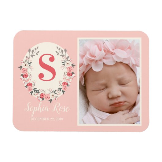 Floral Monogram Baby Girl Aankondiging Blush Pink Magneet (Horizontaal)