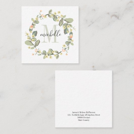  Floral Monogram Baby Peach Blossom Vierkante Visitekaartje (Voorkant / Achterkant)