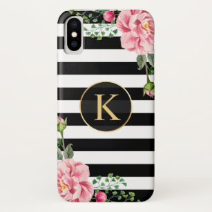  Floral Monogram Black White Striped iPhone XS Hoesje