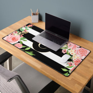 Floral Monogram Black White Striped Custom Bureaumat