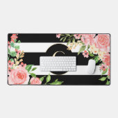  Floral Monogram Black White Striped Custom Bureaumat (Keyboard & Muis)