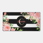  Floral Monogram Black White Striped Custom Bureaumat (Voorkant)