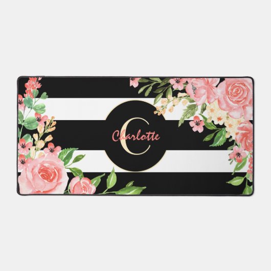 Floral Monogram Black White Striped Custom Bureaumat (Voorkant)