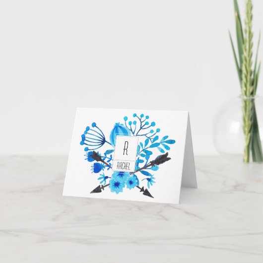 Floral Monogram Blank Note Card Blue Flowers Notitiekaartje (Voorkant)