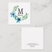  Floral Monogram  Blauwe Bloemen Vierkante Visitekaartje (Voorkant / Achterkant)