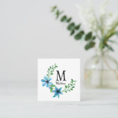  Floral Monogram  Blauwe Bloemen Vierkante Visitekaartje (Staand voorkant)