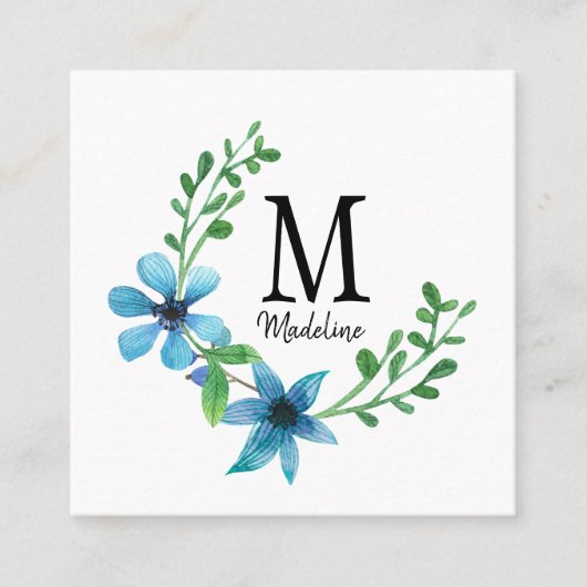  Floral Monogram  Blauwe Bloemen Vierkante Visitekaartje (Voorkant)