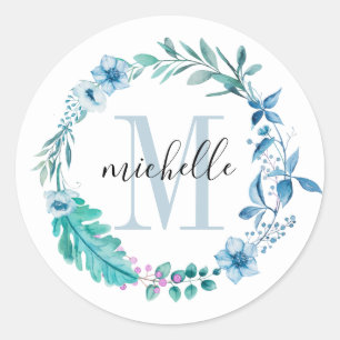  Floral Monogram Blue Spring Ronde Sticker