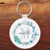Floral Monogram Blue Spring Sleutelhanger (Voorkant)
