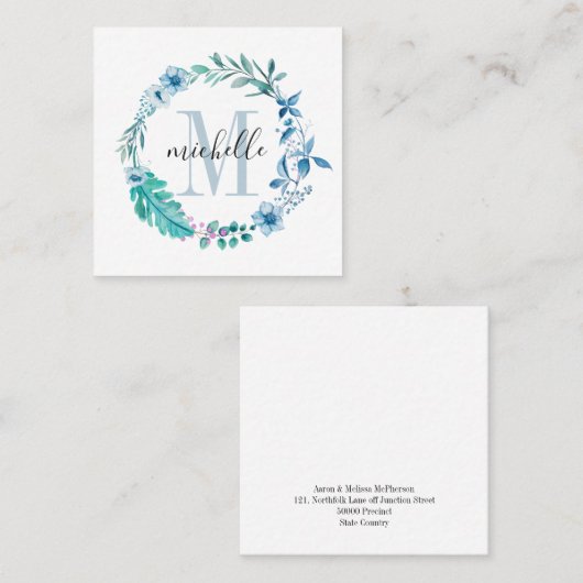 Floral Monogram Blue Spring Vierkante Visitekaartje (Voorkant / Achterkant)