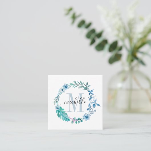 Floral Monogram Blue Spring Vierkante Visitekaartje (Staand voorkant)