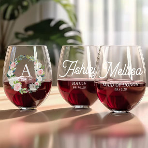 Floral Monogram Bruidsmeisjes cadeau gepersonalise Wijnglas Zonder Voet