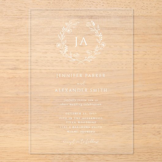 Floral Monogram bruiloft Acryl Uitnodigingen (Voorkant)