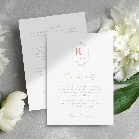 Floral Monogram Bruiloft Details Wit Informatiekaartje