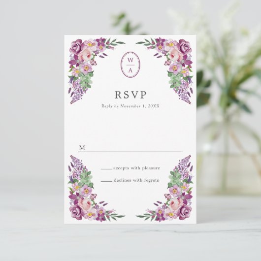 Floral Monogram bruiloft RSVP Kaartje (Staand voorkant)