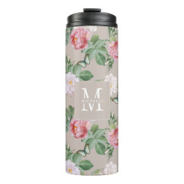 Floral Monogram Butterflies Elegant Custom Taupe Thermosbeker