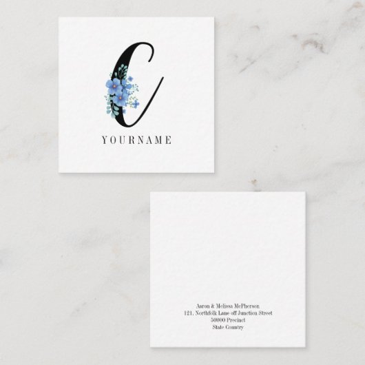 Floral Monogram C Blauwe Bloem Burst Vierkante Visitekaartje (Voorkant / Achterkant)