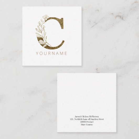 Floral Monogram C Elegant Gold Foliage Vierkante Visitekaartje (Voorkant / Achterkant)
