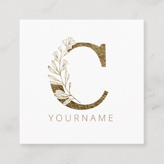 Floral Monogram C Elegant Gold Foliage Vierkante Visitekaartje (Voorkant)