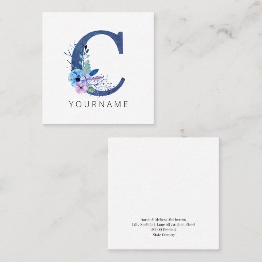 Floral Monogram C Winter Blauwe Blossom Vierkante Visitekaartje (Voorkant / Achterkant)