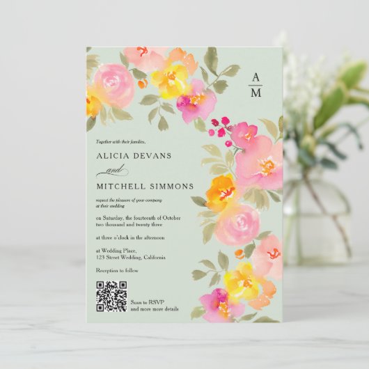 Floral monogram chic Qr code foto groen bruiloft Kaart (Staand voorkant)