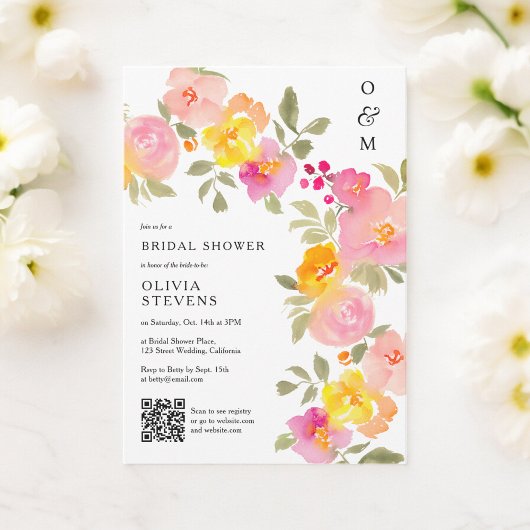 Floral monogram chic Qr code foto vrijgezellenfees Kaart