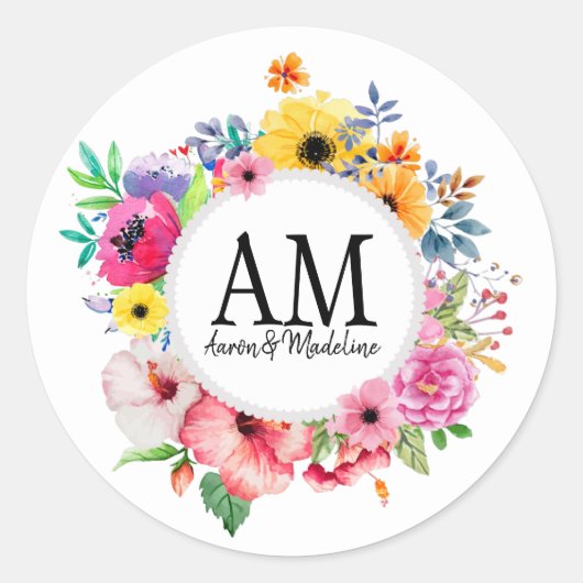 Floral Monogram Colorful Bouquet Ronde Sticker (Voorkant)