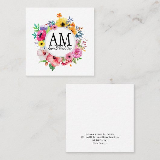  Floral Monogram Colorful Bouquet Vierkante Visitekaartje (Voorkant / Achterkant)