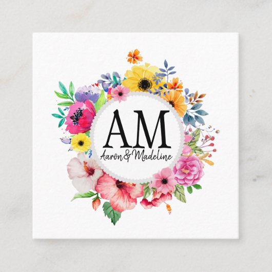  Floral Monogram Colorful Bouquet Vierkante Visitekaartje (Voorkant)