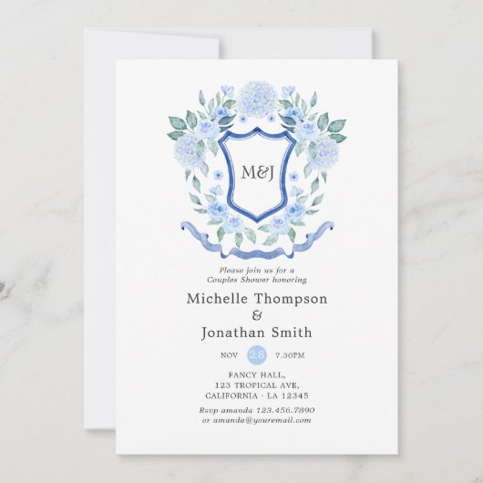 Floral Monogram Crest Couples Shower Kaart (Voorkant)