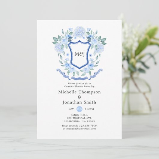 Floral Monogram Crest Couples Shower Kaart (Staand voorkant)