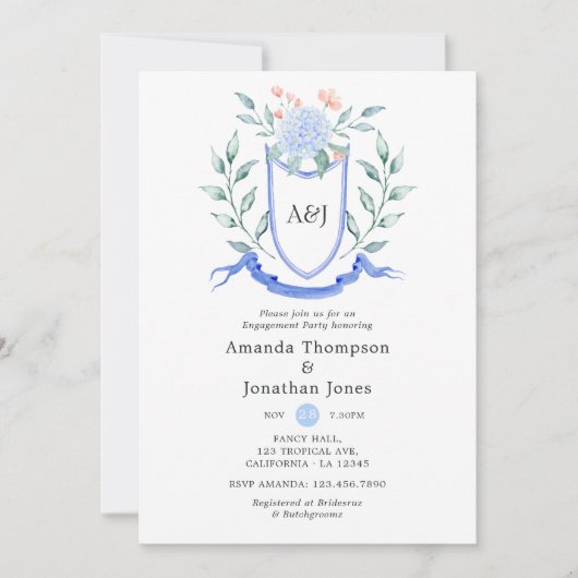 Floral Monogram Crest Engagement Party Kaart (Voorkant)