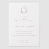 Floral Monogram Crest Minimal Elegant Blauw Huweli Vellum Uitnodigingen (Voorkant)