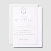 Floral Monogram Crest Minimal Elegant Blauw Huweli Vellum Uitnodigingen (Offset)