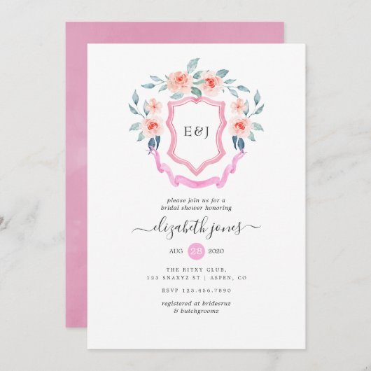 Floral Monogram Crest Vrijgezellenfeest Kaart (Voorkant / Achterkant)