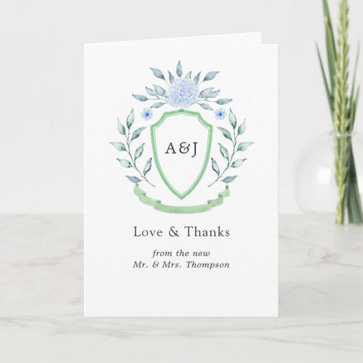 Floral Monogram Crest Wedding Crest Foto Bedankkaart (Voorkant)