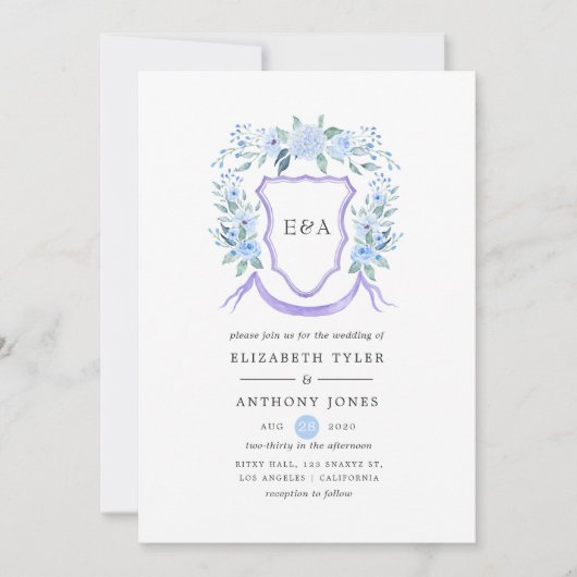 Floral Monogram Crest Wedding Kaart (Voorkant)