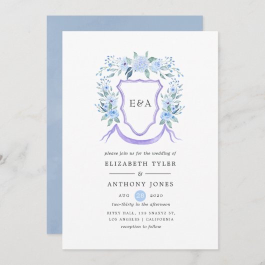 Floral Monogram Crest Wedding Kaart (Voorkant / Achterkant)