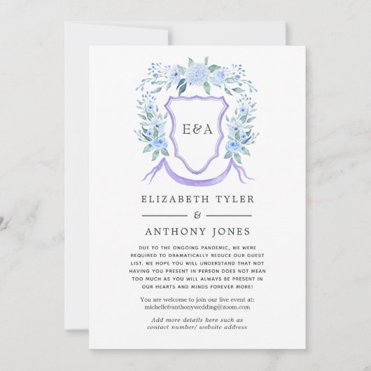 Floral Monogram Crest Wedding Reduced Guest List Aankondiging (Voorkant)