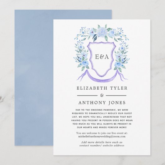 Floral Monogram Crest Wedding Reduced Guest List Aankondiging (Voorkant / Achterkant)