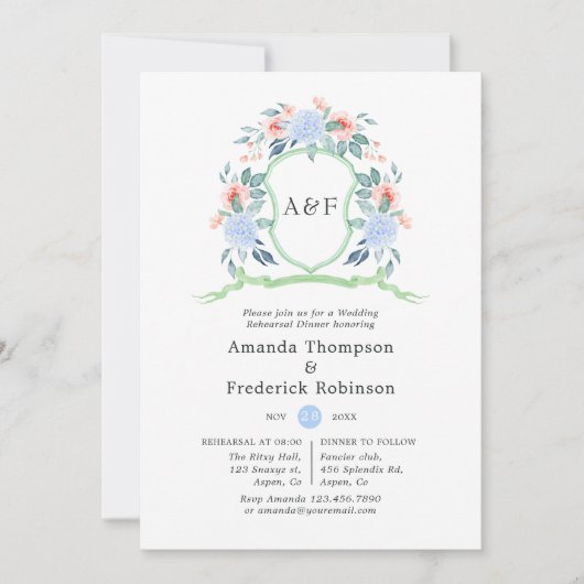 Floral Monogram Crest Wedding Rehearsal Dinner Kaart (Voorkant)