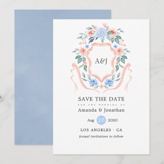Floral Monogram Crest Wedding Save The Date (Voorkant / Achterkant)