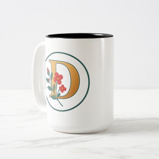 Floral Monogram "D" Coffee Mok – Zwart & Wit (Voorkant links)