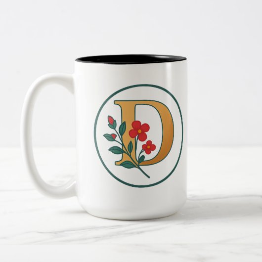Floral Monogram "D" Coffee Mok – Zwart & Wit (Links)