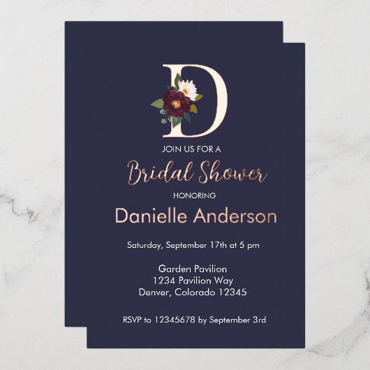 Floral Monogram D Vrijgezellenfeest Gold Folie Uitnodiging (Voorkant / Achterkant)